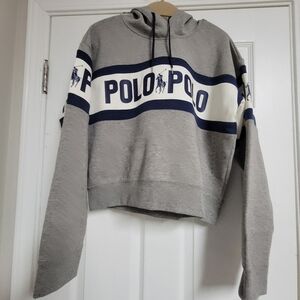 Polo Ralph Lauren NWT Gray Blue Tape Spellout Cropped Hoodie Size Large.